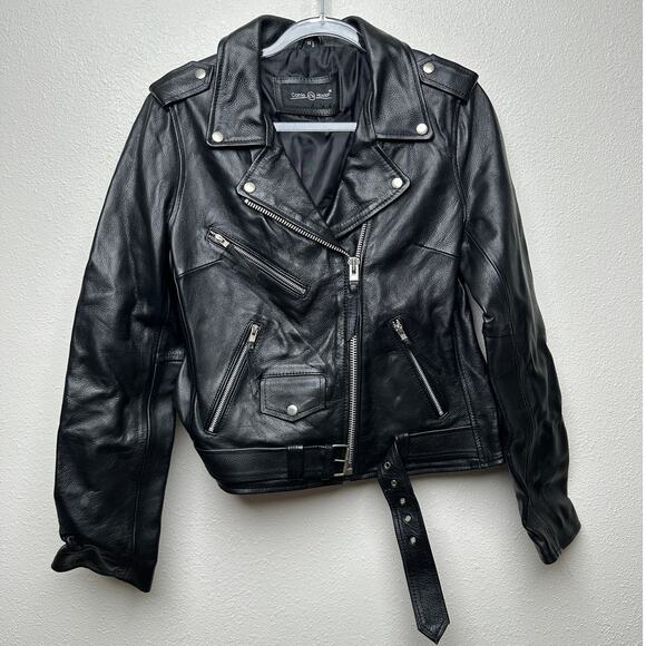 Carrie Hoxton Black Leather Moto Biker Jacket Women’s 14 Belted Zip - Picture 2 of 15